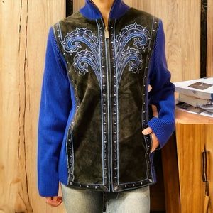 Bob Mackie Women Wearable Art Suede Black Blue Embroidered Zip Knit Jacket Sz L